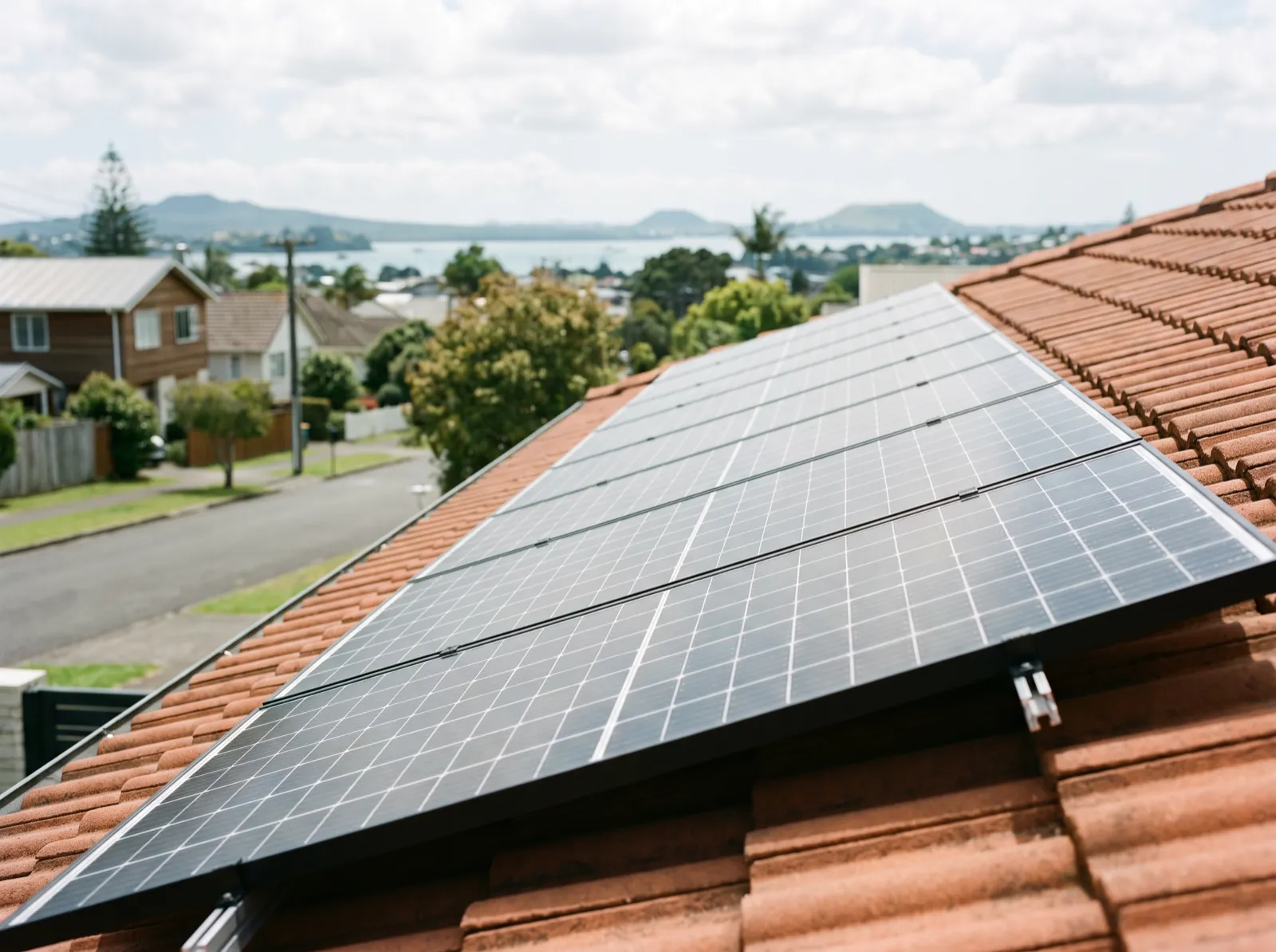 A run of black-framed solar panels along the roof of a single-storey Auckland home