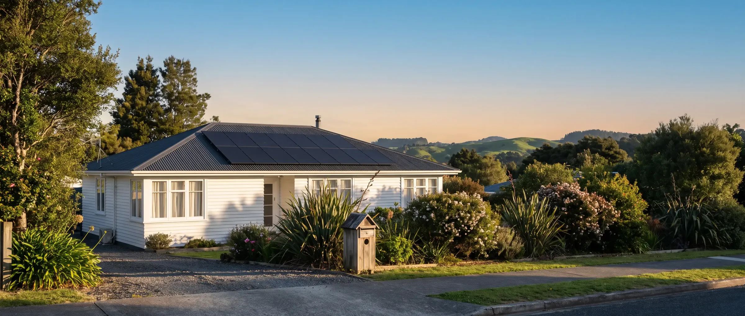 A completed rooftop solar array on a single-storey New Zealand home in late-afternoon sun.
