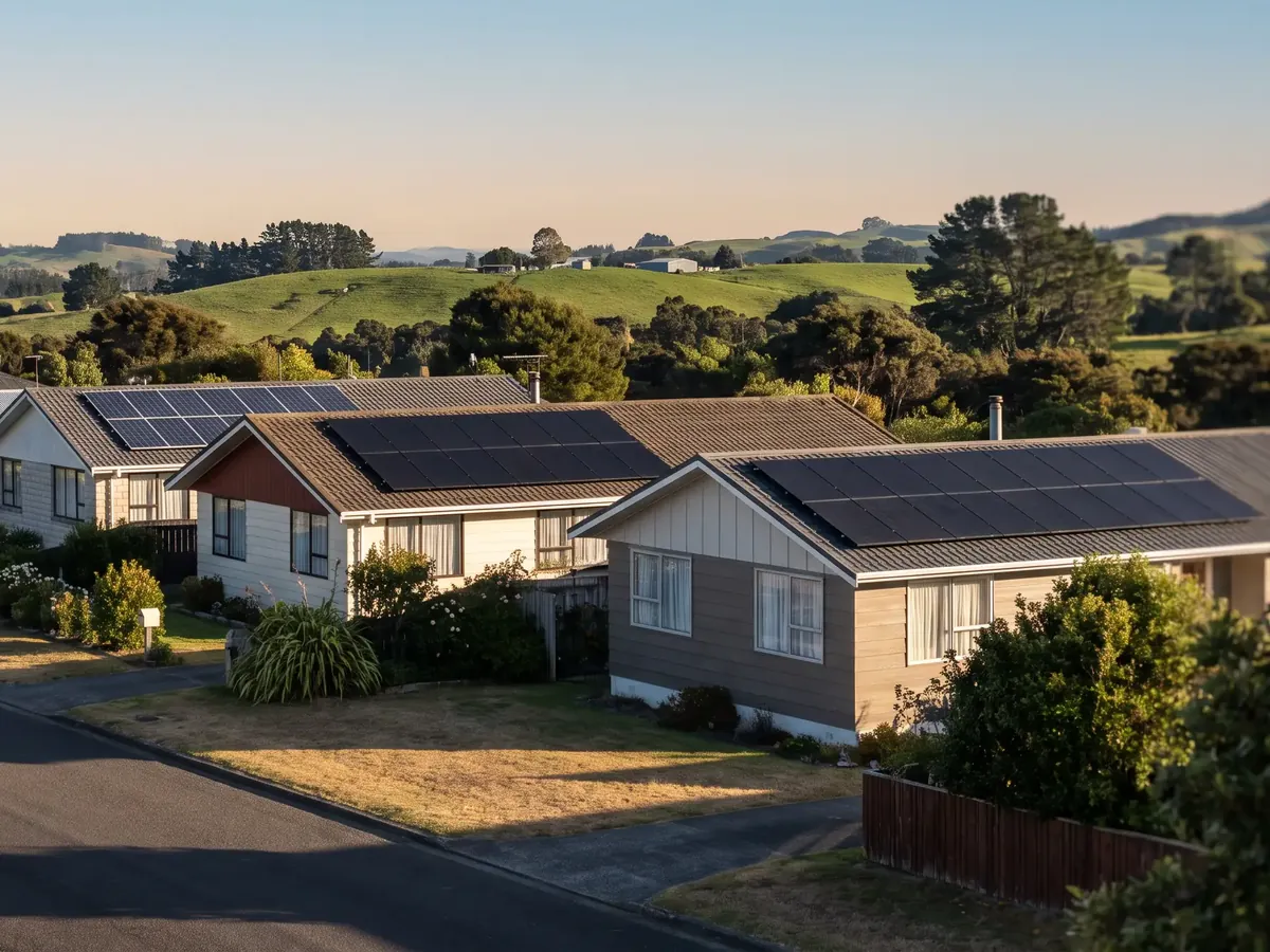 A New Zealand suburban street where several neighbouring homes each carry rooftop solar panels.