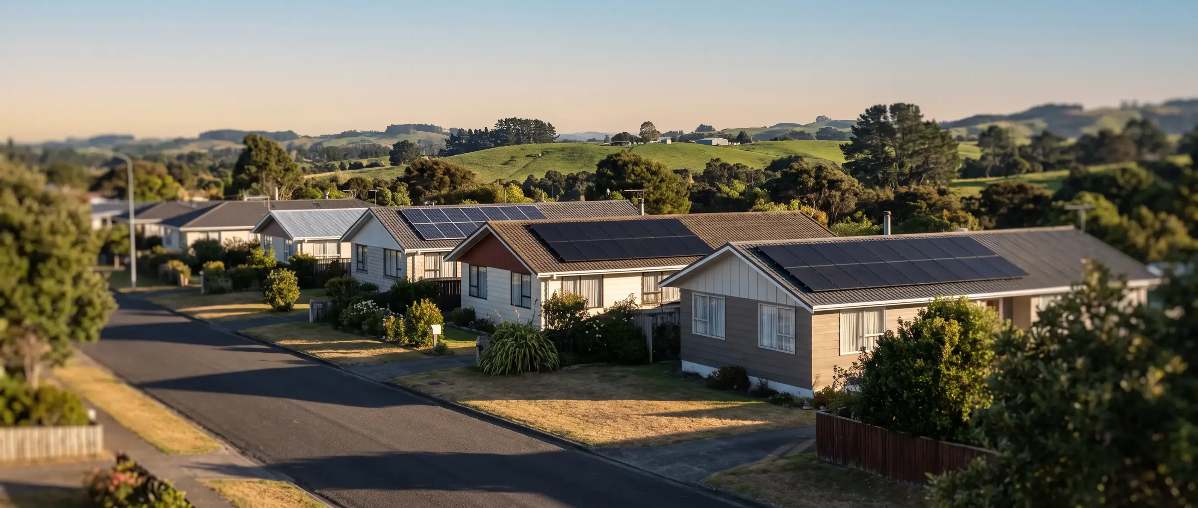 A New Zealand suburban street with solar panels on several roofs.