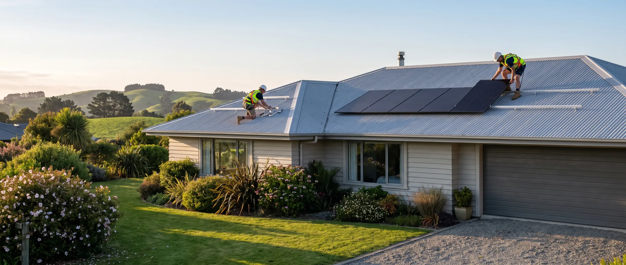Two installers fitting solar panels to the roof of a New Zealand home in late-afternoon sun.