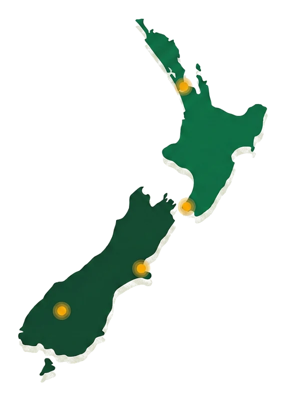 Map of New Zealand with crew locations in Auckland, Wellington, Christchurch and Queenstown